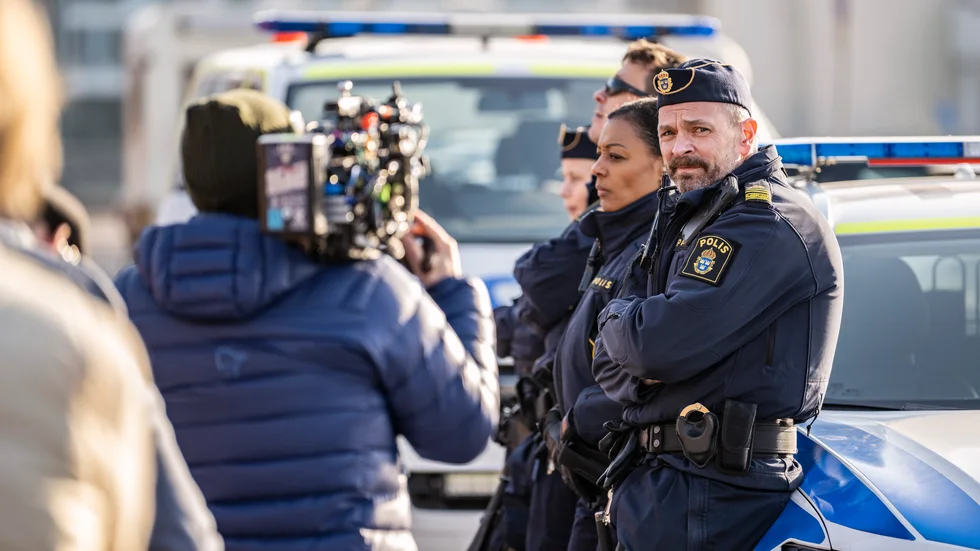 Oscar Töringe, Amanda Jansson, Anna Sise och Per Lasson vid inspelningen av "Tunna blå linjen" i Malmö. Arkivbild.