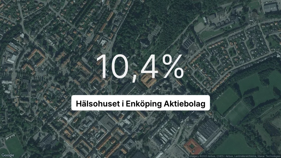 Illustrationen visar rörelsemarginalen för Hälsohuset i Enköping för det senaste året. Bakgrunden är en satellitbild över företagets adress.