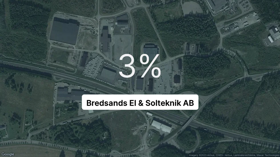 Illustrationen visar rörelsemarginalen för Bredsands El & Solteknik för det senaste året. Bakgrunden är en satellitbild över företagets adress.