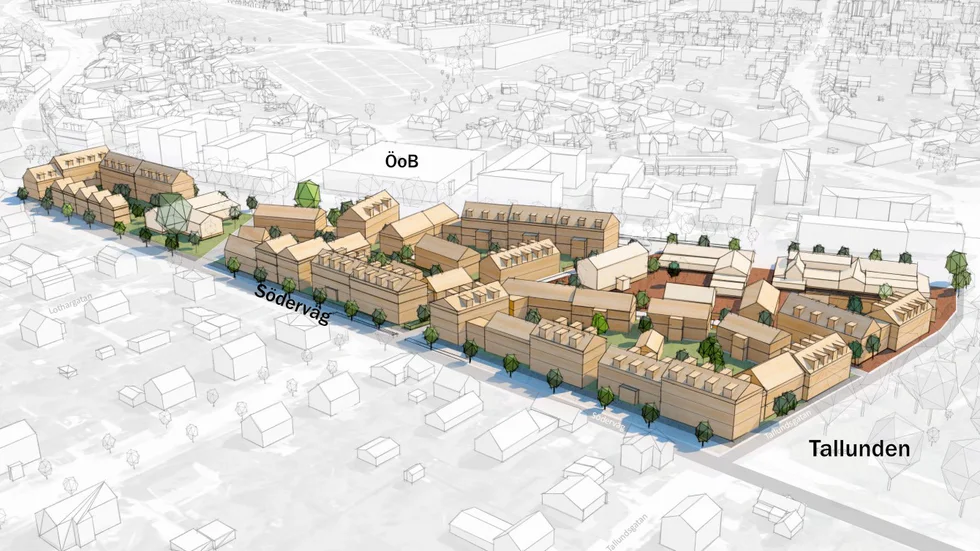 Så här ser planprogrammets vision för Kilen ut, ett område med stadsmässiga och tydliga gaturum. I den här versionen kan upp emot 250 bostäder få plats tillsammans med verksamheter som kontor och affärer. Efter att planprogrammet tagits fram har regionstyrelsen beslutat att exploateringsgraden ska höjas.