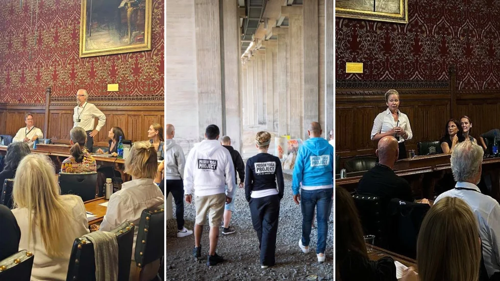 Från konferensen i House of Lords där James Fox talade om Prison Yoga Project. Även Josefin Wikström från Prison Yoga for Social Change i Sverige talade i det brittiska överhuset. ( I mitten bild från fotograferingen till bokprojektet "It's an inside Job" i Stockholm).