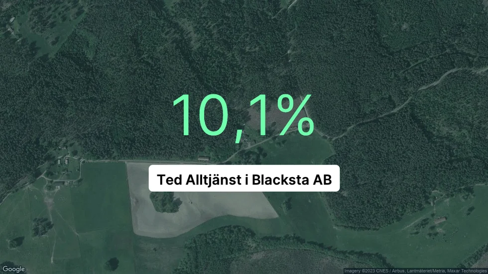 Illustrationen visar rörelsemarginalen för Ted Alltjänst i Blacksta för det senaste året. Bakgrunden är en satellitbild över företagets adress.