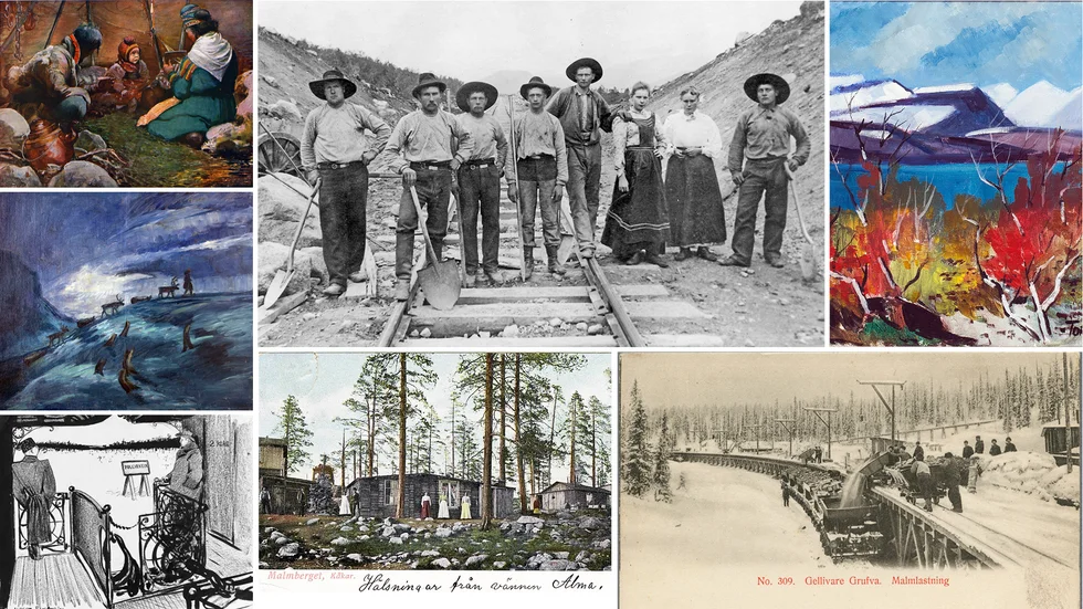 Fotograferna, målarna och tecknarna gav bilden av det tidigare okända Lappland som järnvägen öppnade vägen till. John Bauer målade samer i kåta, därunder Emilie Demant Hatts "Flyttning i mörkertiden", längst nere till vänster Albert Engström vid Nattavaara, stora bilden upptill: rallare med kockor år 1901, övre till höger Tord Leander-Engströms "Fjällandskap", undre i mitten "Kåkstadseländet" i Malmberget på ett vykort liksom nedre till höger malmlastningen i Gällivare.
