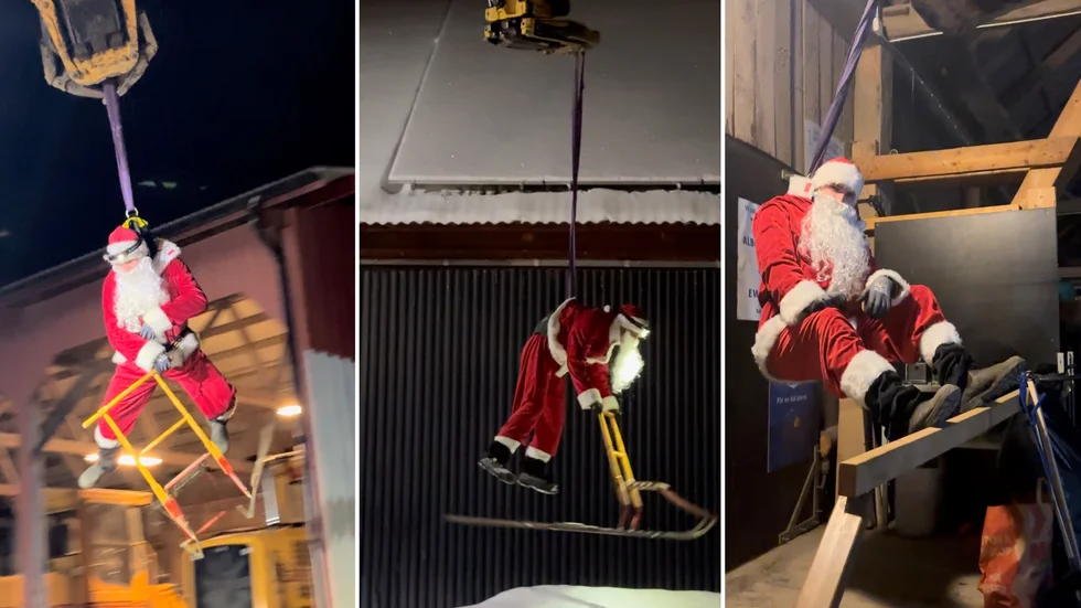 För att säkerställa att tomten kunde flyga säkert, användes en sele och säkerhetslinor under inspelningen.
