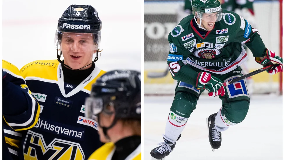  Emil Andrae, till vänster, kan lånas ut till VIK. Hans klubb HV71 uppges ha gjort klart med Matt Donovan, till höger, tidigare i Frölunda.