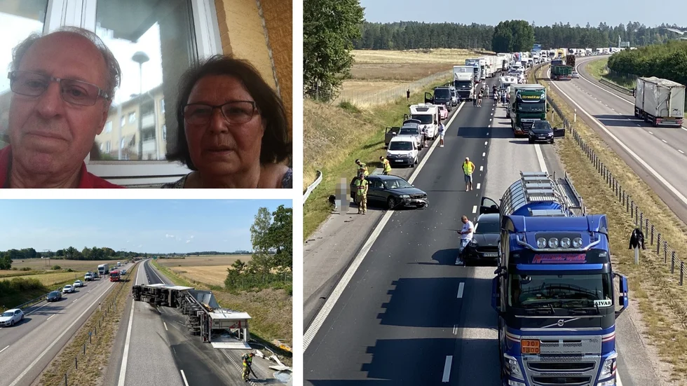 Anders och Agneta Särnald hamnade mitt i den långa kön på E4 och satt fast i 2,5 timmar.