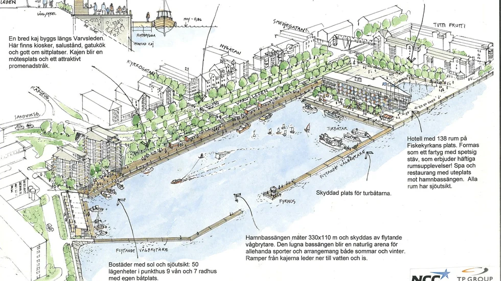 Hans Tirséns vision för Luleås södra hamn innehåller nya bostäder, småbåtshamnar och nytt liv på södra hamnplanen som syns i skissens bortre del. Skissen blev det vinnande bidraget i en uppmärksammad arkitekttävling för 15 år sedan.