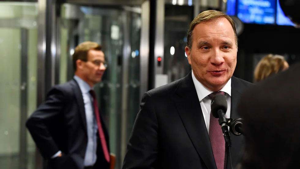 Ulf Kristersson (M) och Stefan Löfven (S) efter söndagens partiledardebatt i Agenda.