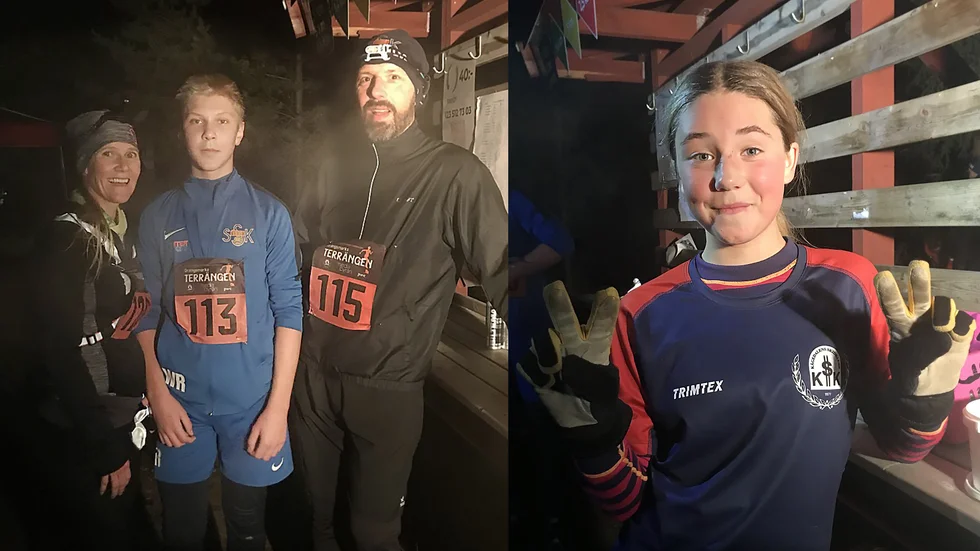 Terrängendebutanterna Wille Rydén, Petra Rydén och Joakim Jonsson efter målgång och Elli Svanborg, skidåkare i Kågedalen, var snabbaste tjej på 5 km.