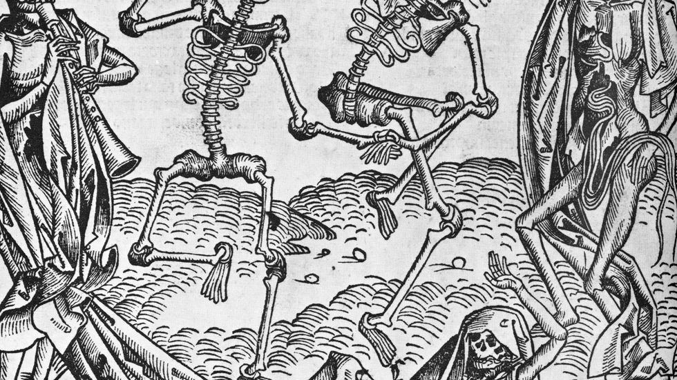 Digerdöden illustrerad i "The Dance of Death" av Hans Holbein (1491). Arkivbild.