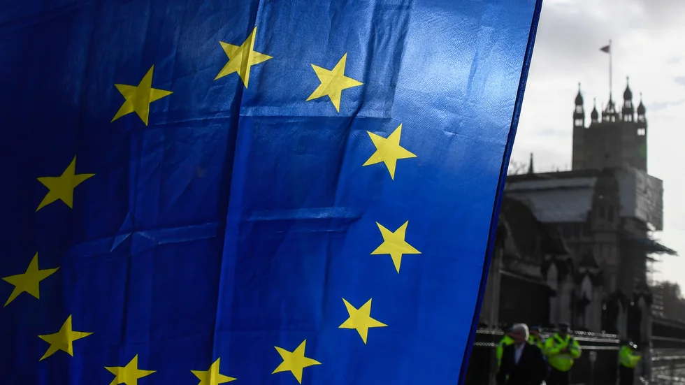 En EU-flagga som hålls upp av en demonstrant utanför Westminster i London.