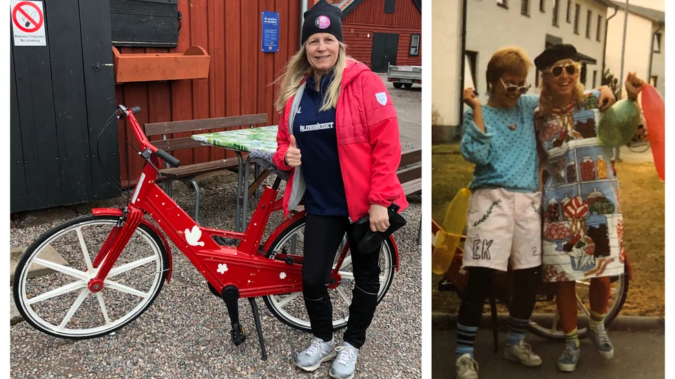 Itera-cykeln hittade tillbaka till Motala. Bilden till höger är från 1983: "Det är jag och min klasskompis. Vi skulle sitta barnvakt åt vår lärares barn", säger Ann Lövgren (Bakom skymtar den kultförklarade cykeln).