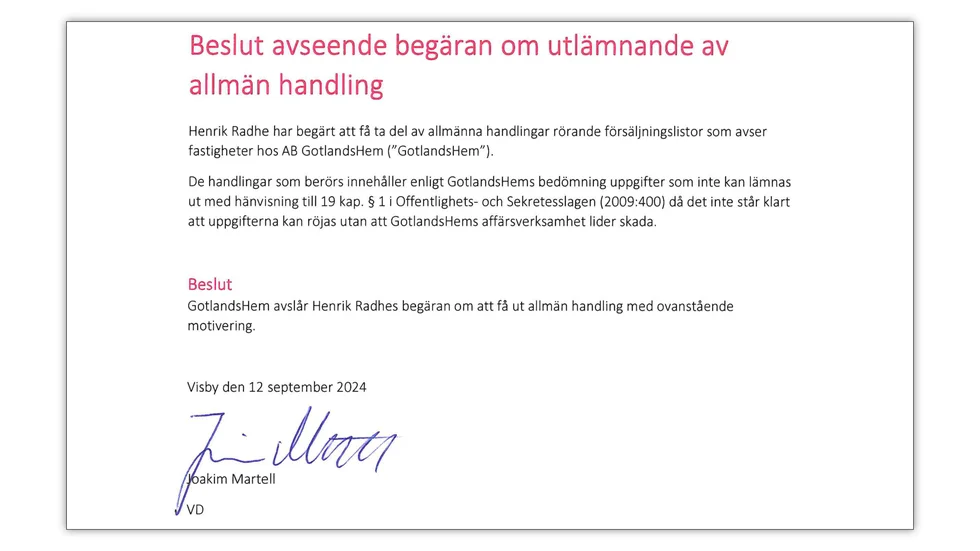Gotlandshems avslag på Helagotlands begäran att få se listan.