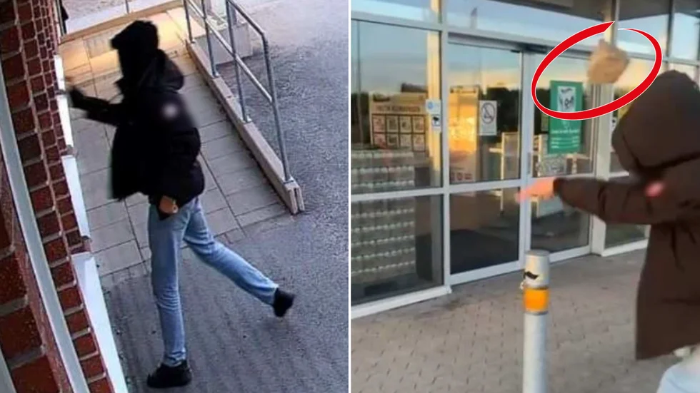 Bilderna ur polisutredningen visar hur rutorna på Sandbäcksskolan slås sönder. På den högra bilden slängs stenen (inringad) mot ÖoB. 