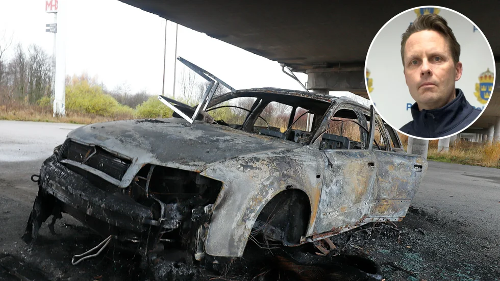 Tidigt på lördagsmorgonen den 2 november totalförstördes den övergivna bilen i an anlagd brand. "Brottsrubriceringen är skadegörelse genom brand", säger polisens presstalesperson Mats Pettersson.