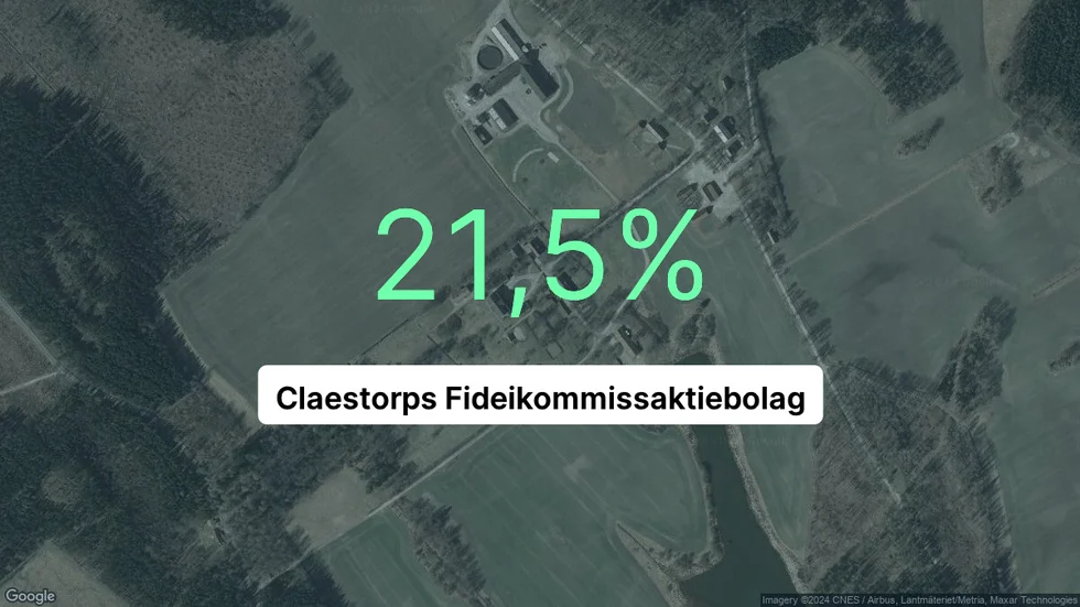 Illustrationen visar rörelsemarginalen för Claestorps Fideikommissaktiebolag för det senaste året. Bakgrunden är en satellitbild över företagets adress.