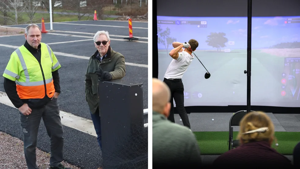 Den nya golfhallen i Mjölby skulle stå klar i december 2025, enligt dåvarande ordföranden Björn Kindgren (här tillsammans med Gert Lövgren från miljökommittén). Nu är det oklart vad som händer efter att Allmänna arvsfonden sagt nej.