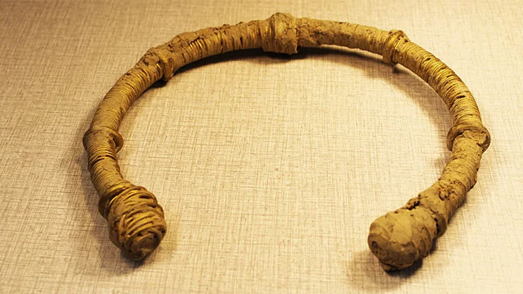 Halsringen är inte av guld utan av järn zink och koppar. Pressbild.