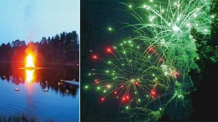 Majeld i Gullringen och fyrverkeri i Storebro. Vårens ankomst firades på en mängd olika platser i tidningens spridningsområde på valborgsmässoafton. Foto: Maj Djurstedt (t v) och Janne Strömsten