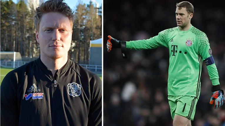 Österlens tränare Mladen Blagojevics har bra koll på fredagens motståndare, Vimmerby, och menar att målvakten (Nic Rydholm) vill spela som (Manuel) Neuer. Foto: Ossian Mathiasson/TT. Bilden är ett montage.