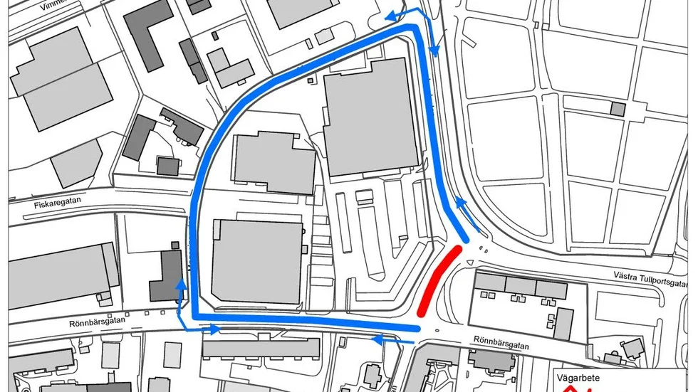 Gatan som är avstängd har röd markering på kartan. Den blå linjen visar hur bilisterna kan köra istället.