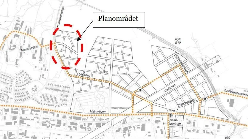 På bilden är det tänkta villaområdet markerat med rött. Området blir i praktiken etapp två av kommunens projekt på Skjutbaneområdet och detaljplanen möjliggör ungefär 200 bostäder i olika former.