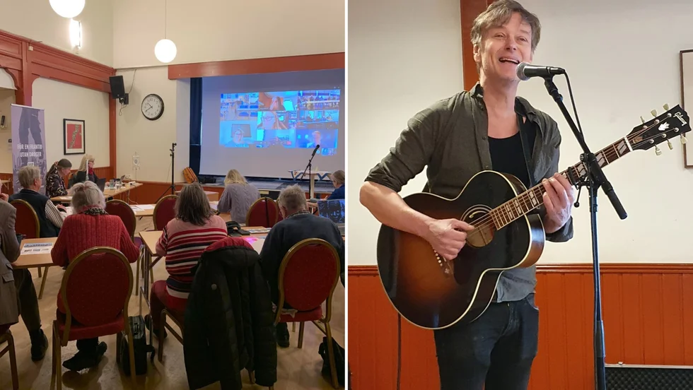 Ombuden var samlade på fyra olika orter som var hopkopplade via Teams. Henrik Baer underhöll med sång och musik.