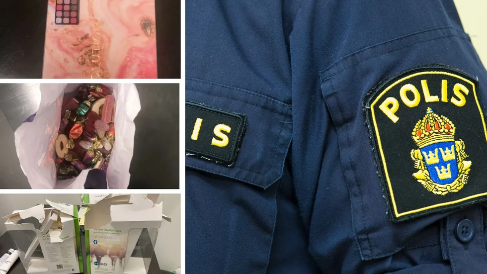 Till vänster: Polisens bilder av en del av Finspångskvinnans stöldgods från stormarknaden i Norrköping.