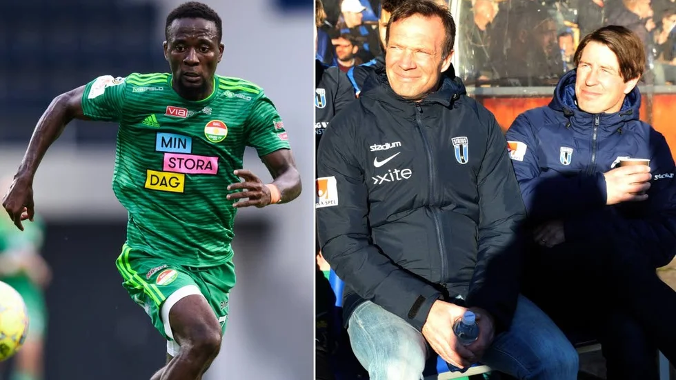 Buya Turay och Djurgårdens nya tränarduo Bergstrand/Lagerlöf.