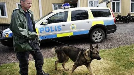 Hundföraren Benny Andersson med hunden Cox har just avslutat ett 14 timmarspass. Foto: Rolf Hamilton