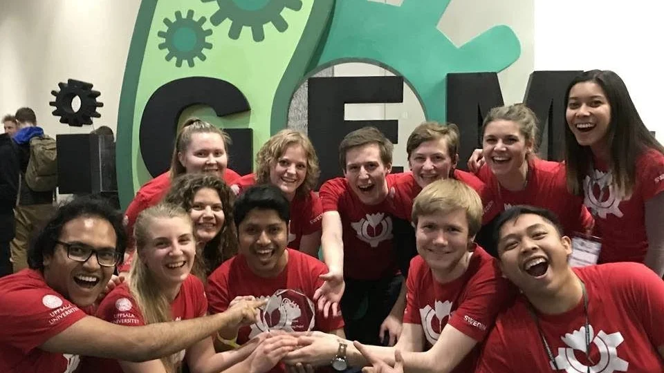 Delar av laget från Uppsala Universitet som skördade framgångar i VM i syntetisk biologi i finalen i Boston.