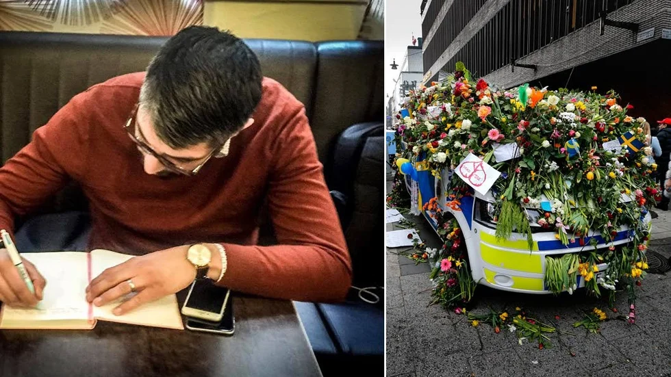 Julian Firpo, till vänster, skriver en hälsning till kvinnan han hjälpte till att rädda under attacken i Stockholm.