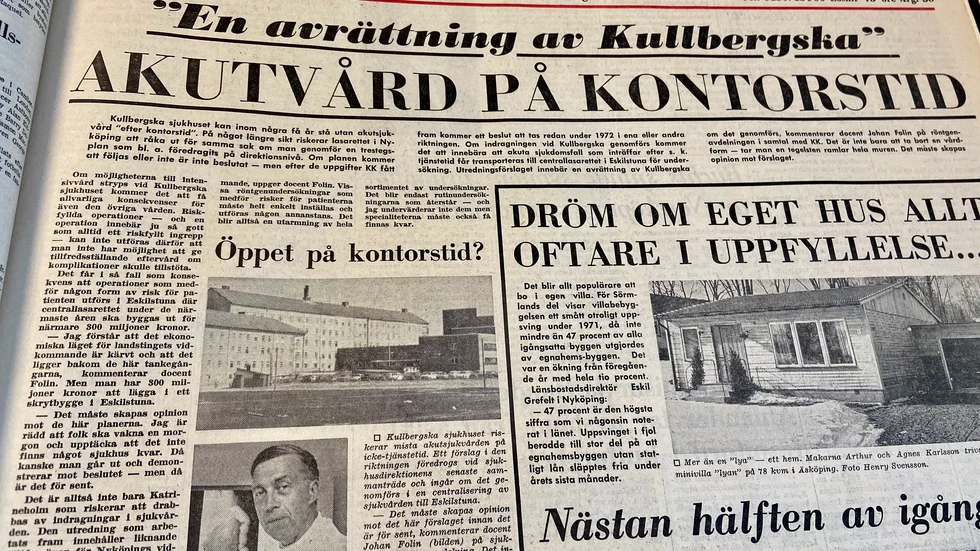 28 mars 1972. Kullbergska sjukhuset riskerar att stå utan akutsjukvård utanför kontorstider, efter det kan akutpatienter hänvisas till centrallasarettet i Eskilstuna.