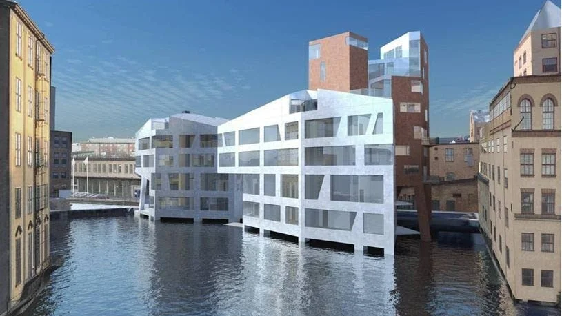 Så här tänker sig Ivarsson Byggnads och dess arkitekt Kai Wartiainen färdigställda  Katscha, till stora delar byggd ut över Strömmens vatten. Men någon torrläggning av strömfåran under delarav  byggtiden kan det, enligt Länsstyrelsen, inte bli frågan om.