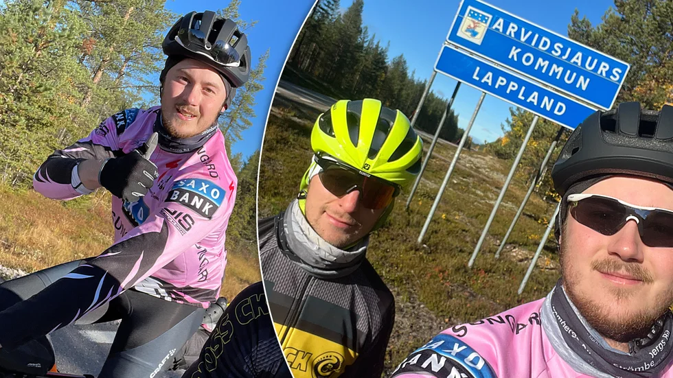Tillsammans med Christopher Henriksson cyklar Oliver Åström, rosa tröja, till Östersund efter en vadslagning i våras.
