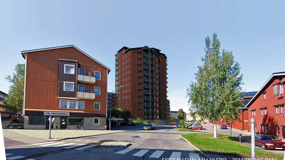 Nytt höghus. Detta punkthus på elva våningar vill Lulebo bygga på Norra Strandgatan. Bolaget har lämnat en begäran om en ny plan för kvarteret (Svalan).