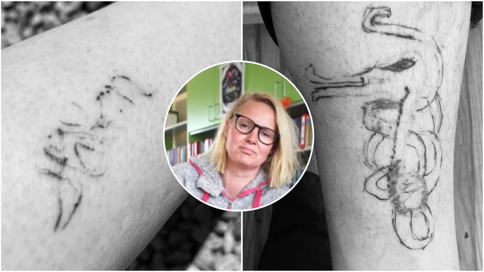"Det enda jag är riktigt glad över är att jag inte tatuerade på mina egna ögonbryn", säger Maria Pettersson Baumert som under en festlig kväll fick tag på en tatueringsmaskin. Hon tatuerade in sin mans namn (till vänster) och kompisen skulle få en skräckinjagande drake, var det tänkt.