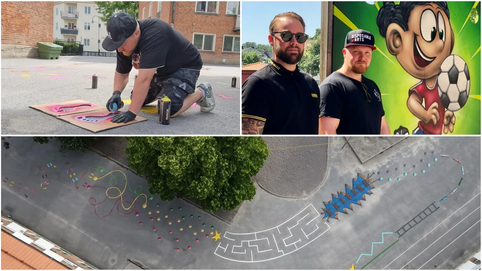 Två dagar ägnade duon åt att smycka ut Vasaskolans skolgård. "Det var ett roligt projekt. Hoppas skolbarnen är nöjda när de kommer tillbaka", säger Roger Lindgren, till höger om graffitikompisen Linus Pihl. 