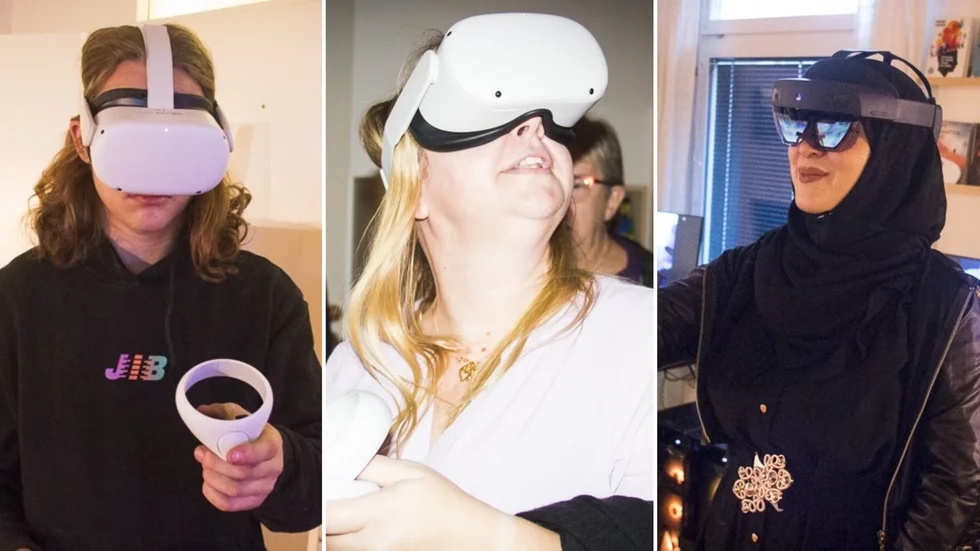 Under måndagen var VR i Fokus på Flens bibliotek. VR står för "virtual reality", som simulerar en datoranimerad omgivning. På bild från vänster: Lukas Lövqvist, Ann-Charlotte Munter (S) och Sandra Tacakch".
