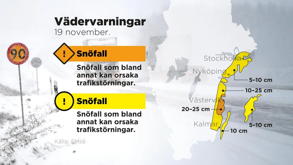 Varning för snöfall som bland annat kan orsaka trafikstörningar.