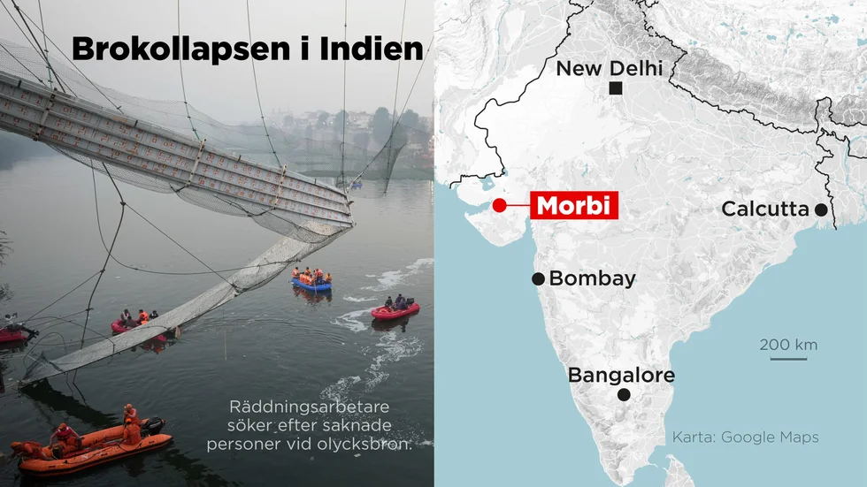 Räddningsarbetet fortsätter efter broraset i Gujarat.