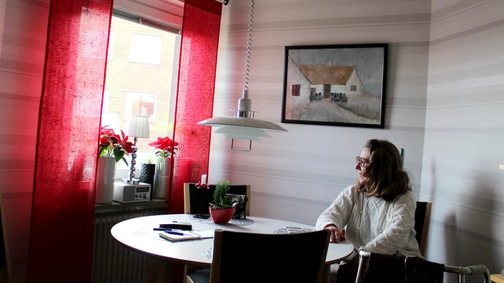 "Här har jag suttit i flera månader. Jag kan ju inte komma ut utan hjälp. Jag har alltid varit aktiv, nu kan jag inte göra någonting", säger Inga-Lill Sandberg som bröt benet på två ställen efter att ha blivit påkörd av en skylift inne i gallerian på Ingelsta shopping.