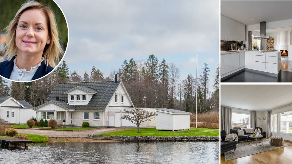 Mäklaren Maja Guthammar sköter försäljningen av huset i Djulökvarnsområdet som har både sjötomt och en egen ö.