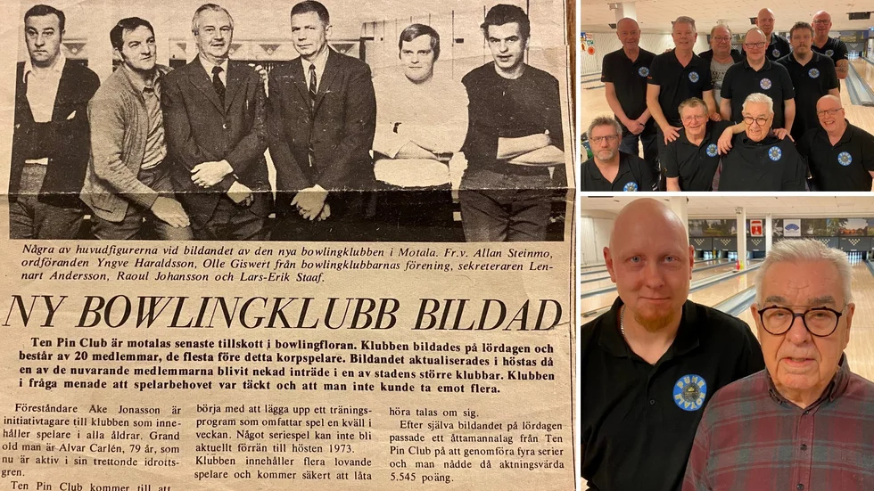 Ten Pin då och nu. Personerna som bildade Ten Pin i januari 1973 ses på tidningsurklippet. Längst till höger Lars-Erik Staaf som på de nya bilderna ses med dagens lag och med dagens storspelare Tobias Karlsson. Motalaklubben firar nu 50 år.