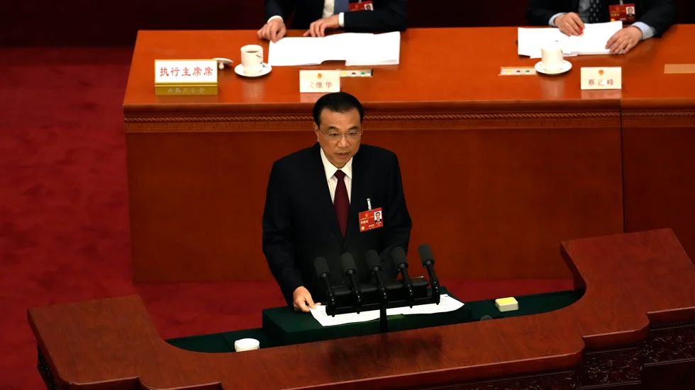 Premiärminister Li Keqiang under öppningsceremonin av den årliga nationella folkkongressen på söndagen.