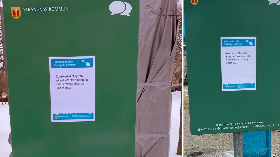 Det skadade konstverket i Augusta Widebecks park på Källgatan var först inplastat med sedan blottlagt igen. Troligen var det vindens verk, och inte vandalers.