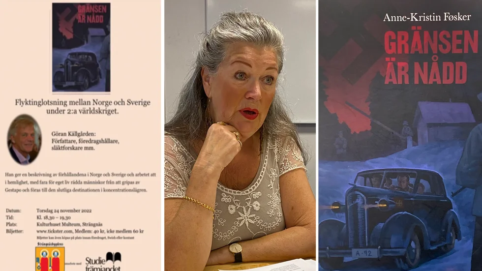 Till vänster syns affischen för Göran Källgårdens föreläsning, med manipulerat bokomslag, Anne-Kristin Føsker och till höger bokomslaget med författarens namn. 