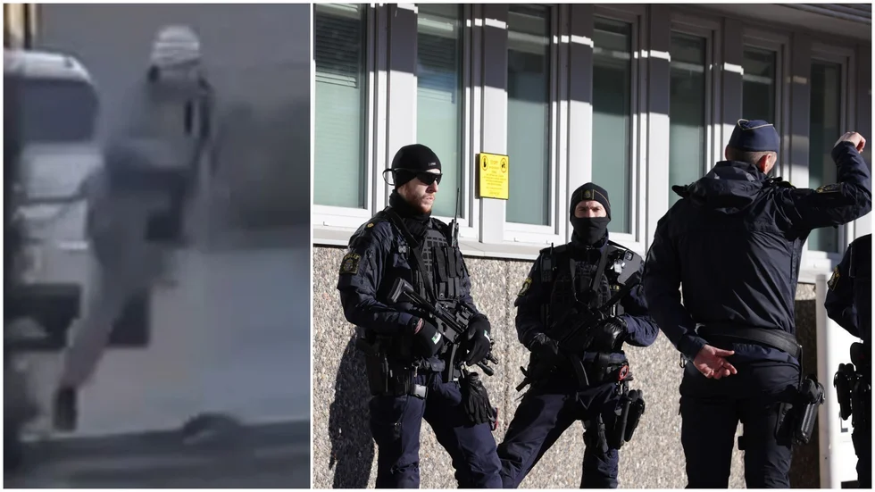 Till vänster ses knivmannen, fångad på film av ett vittne till händelserna utanför polishuset i Norrköping den 27 februari.