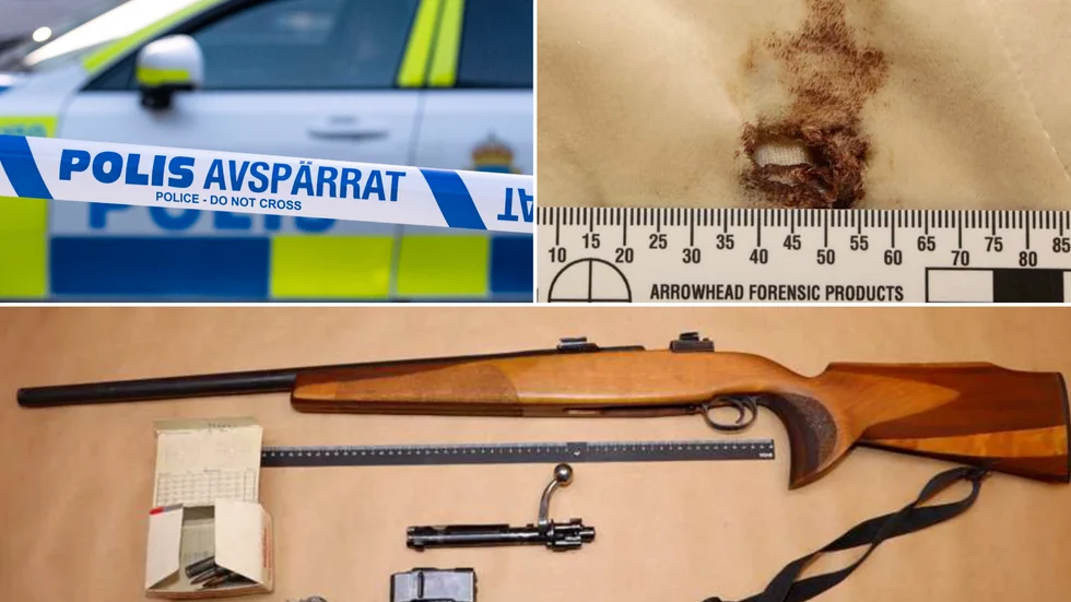 Skotthålet i kvinnans tröja, samt geväret som ska ha använts vid skjutningen. 