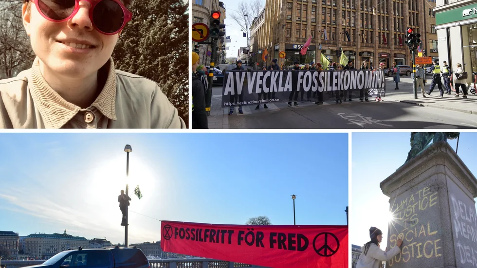 Magdalena Andersson från Norrköping deltar i klimataktionen Fossilupproret. På måndagsmorgonen protesterade hon på en bro vid riksdagshuset. Efter en och en halv timme kom på polisen och hon lyftes bort av poliser.